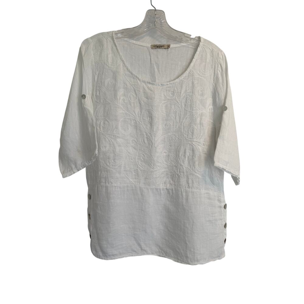 LUNGO L'ARNO Italian White Blouse 100%Linen Delicate Floral Pearlescent Button-M